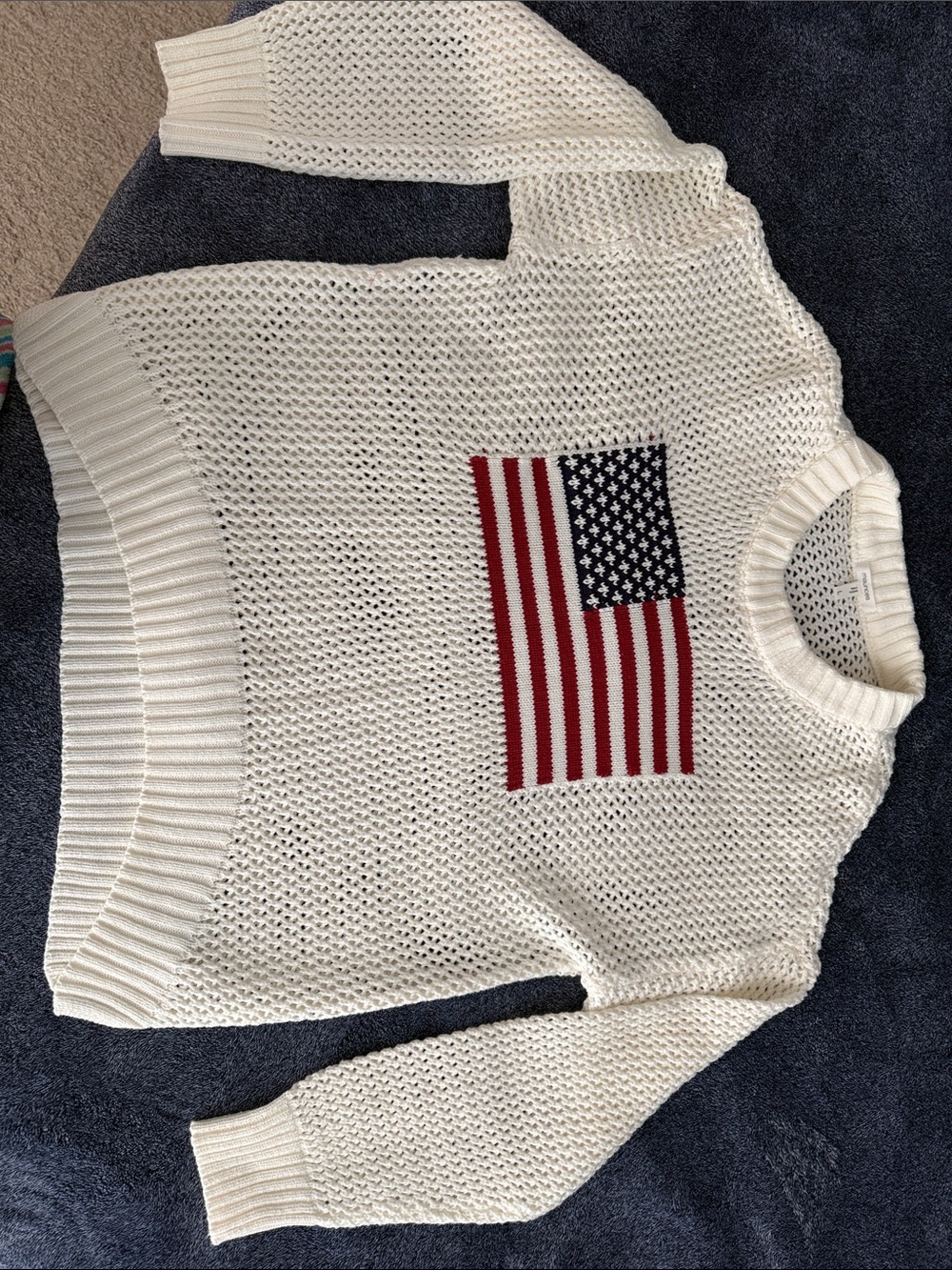 Maurices Cream Open-Knit Crewneck Sweater with Flag Motif
